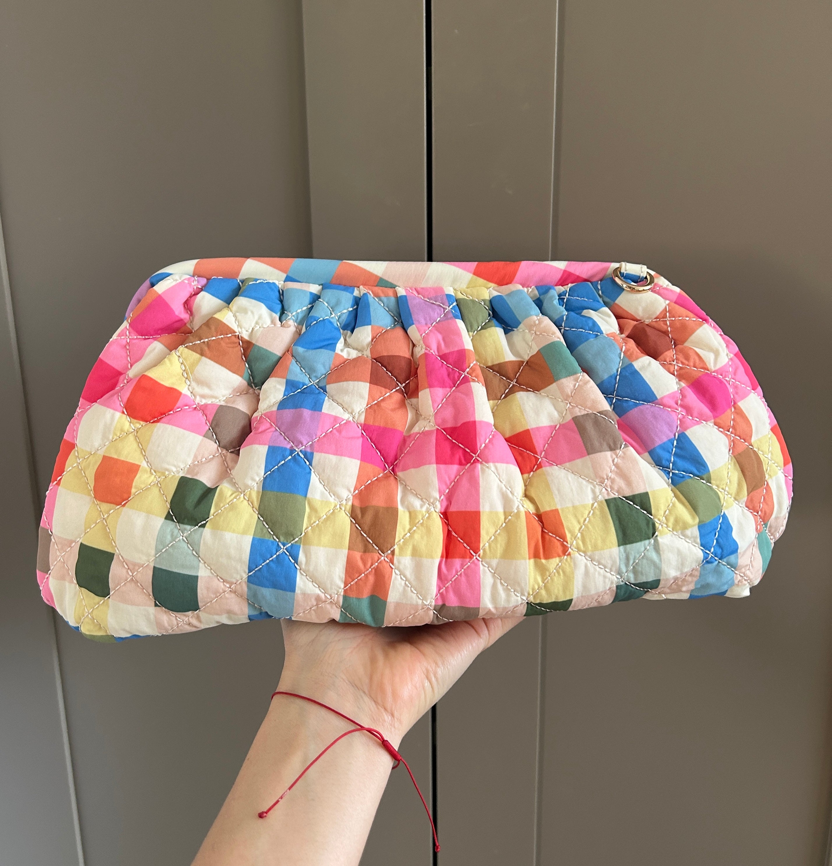 Quilted Oversized Frame Clutch with Chain - Check Print (studio sample)