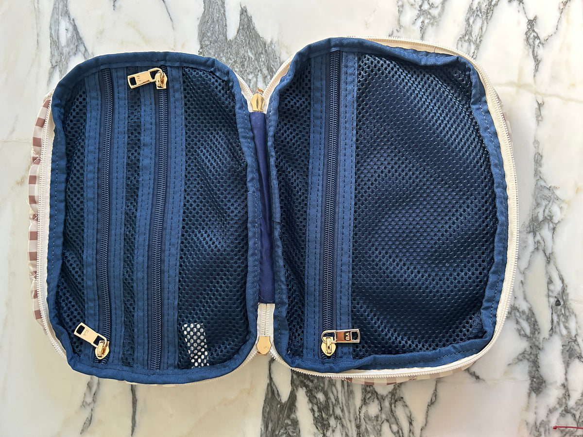 Zipped Travel Case - Taupe Gingham print (Sample)