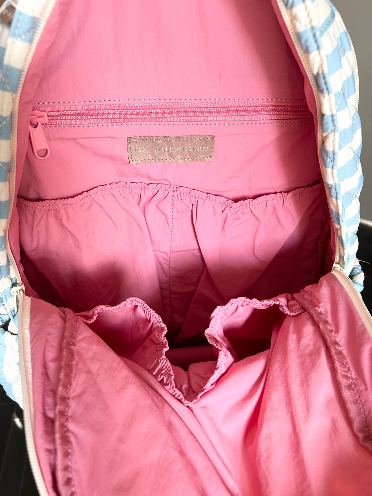 Quilted Backpack – Blue and Cream Stripe (Sample)
