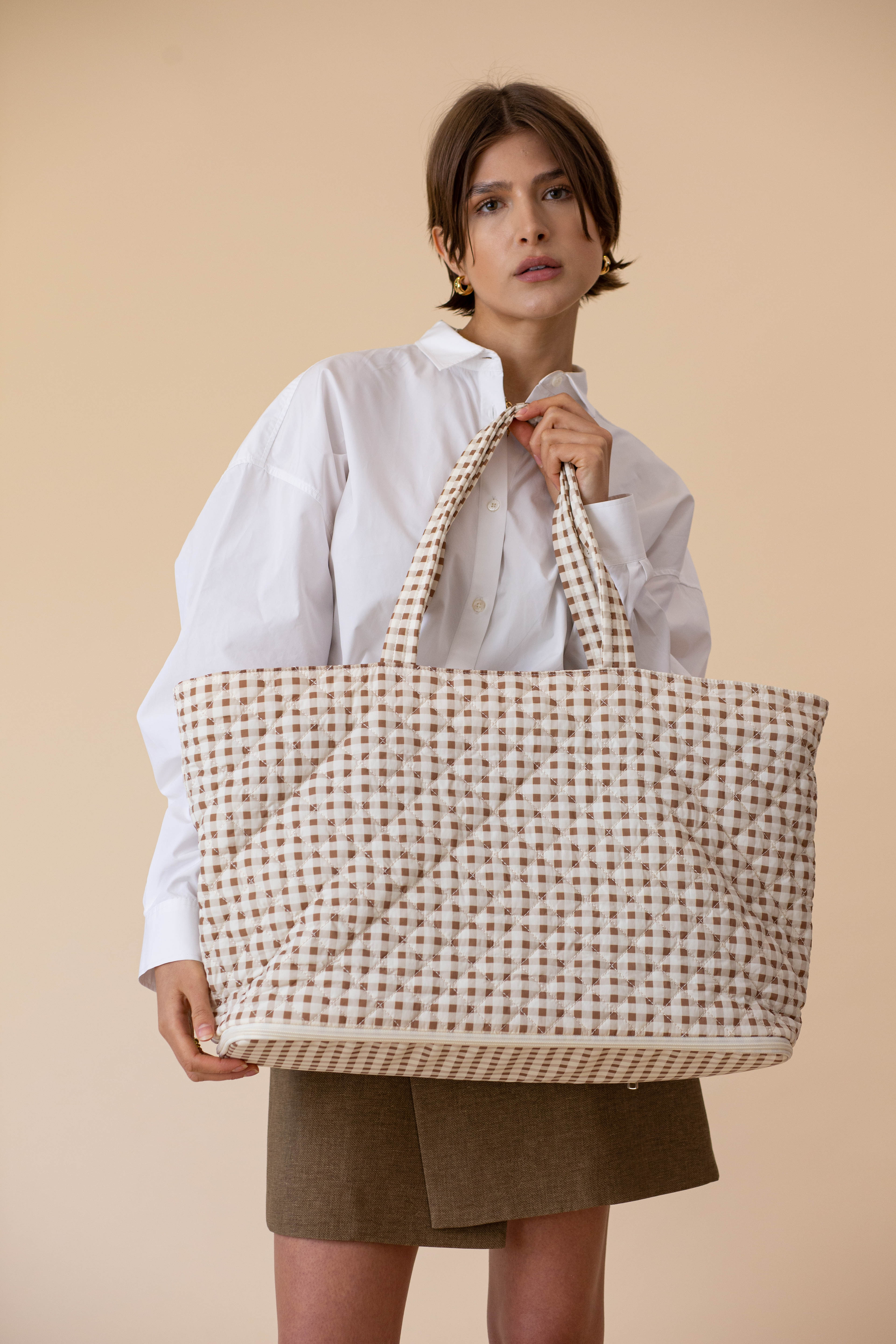 Quilted Expandable Tote –  Gingham Print