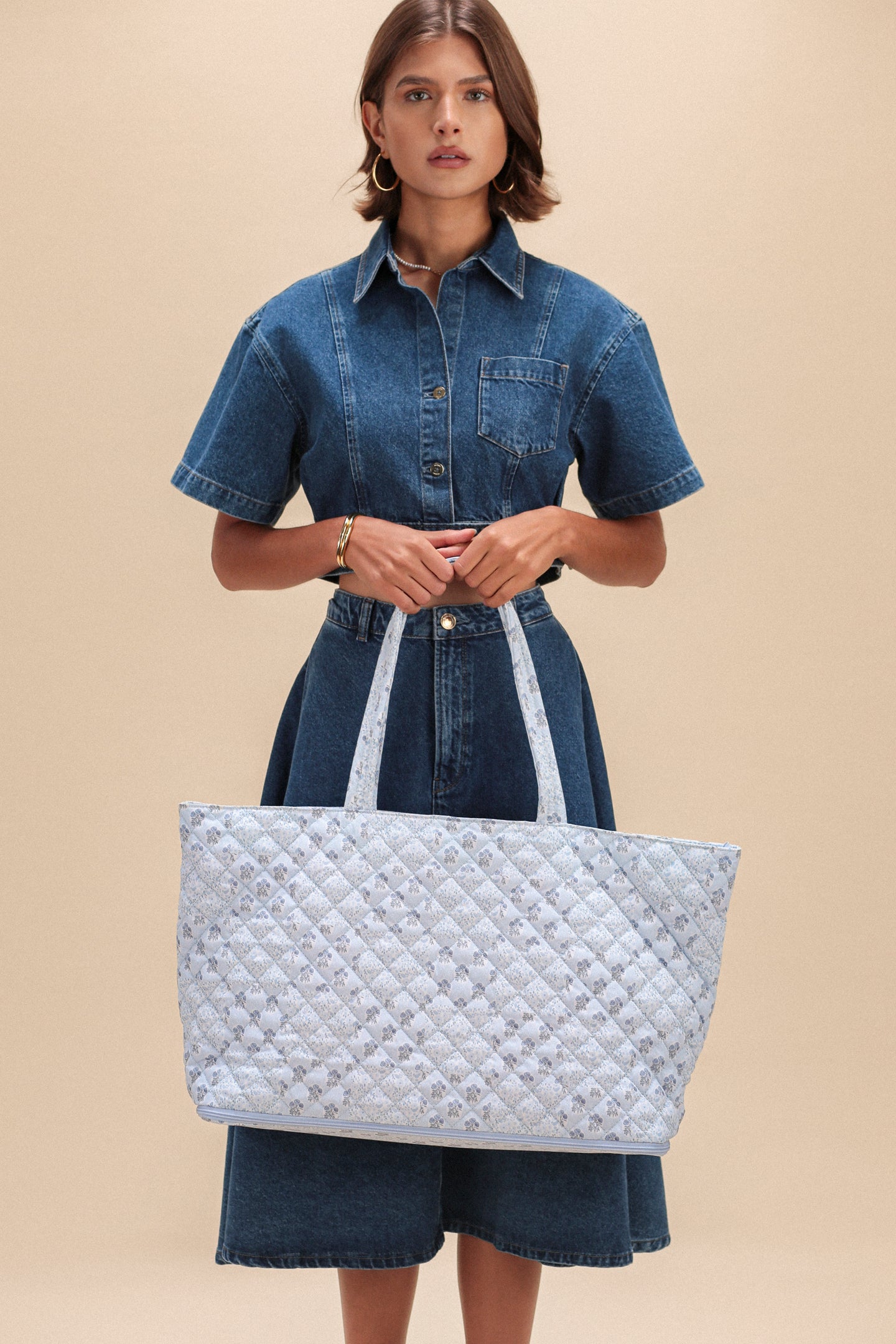 Quilted Expandable Tote - FLORAL PATCH PRINT