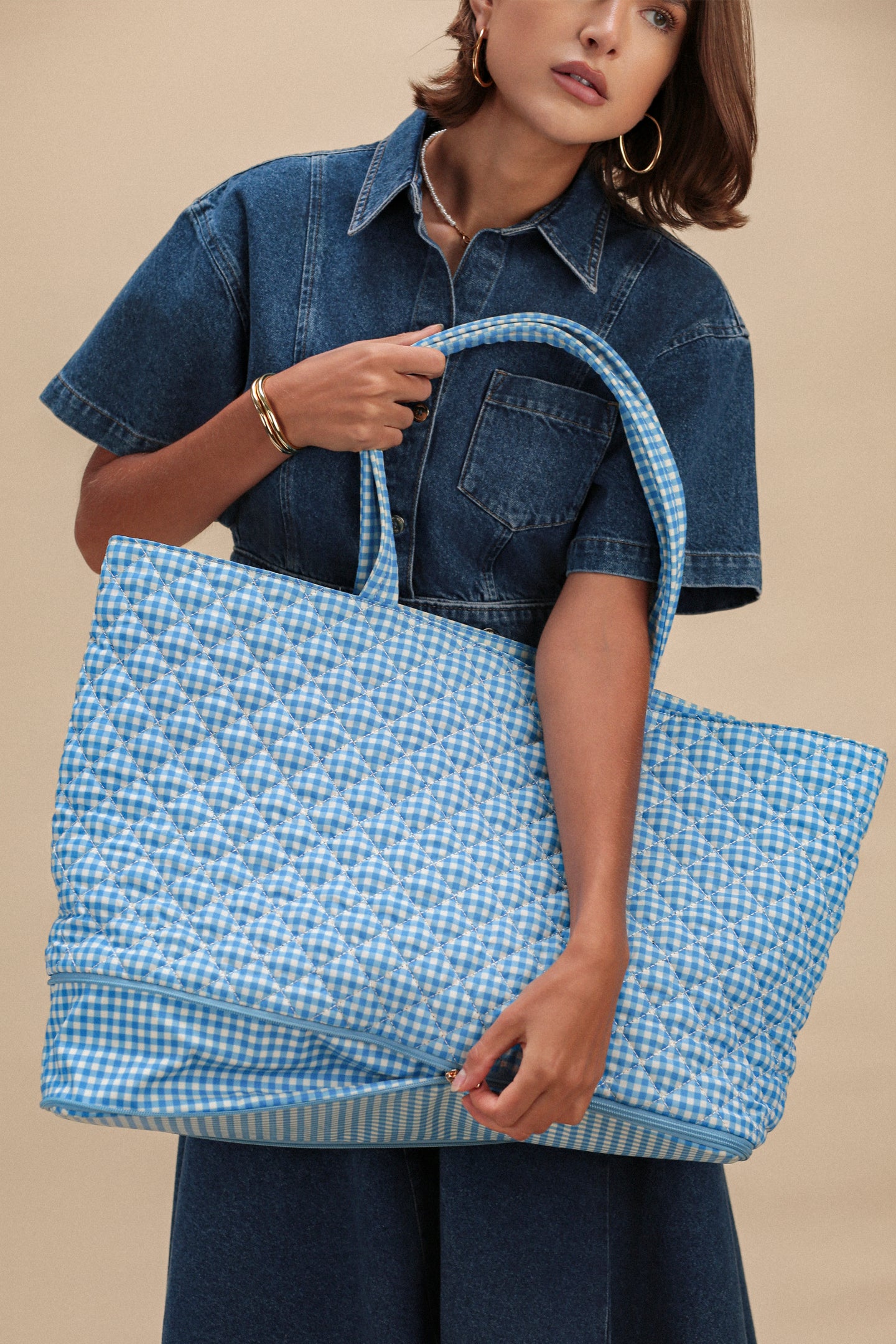 Quilted Expandable Tote – BLUE GINGHAM PRINT