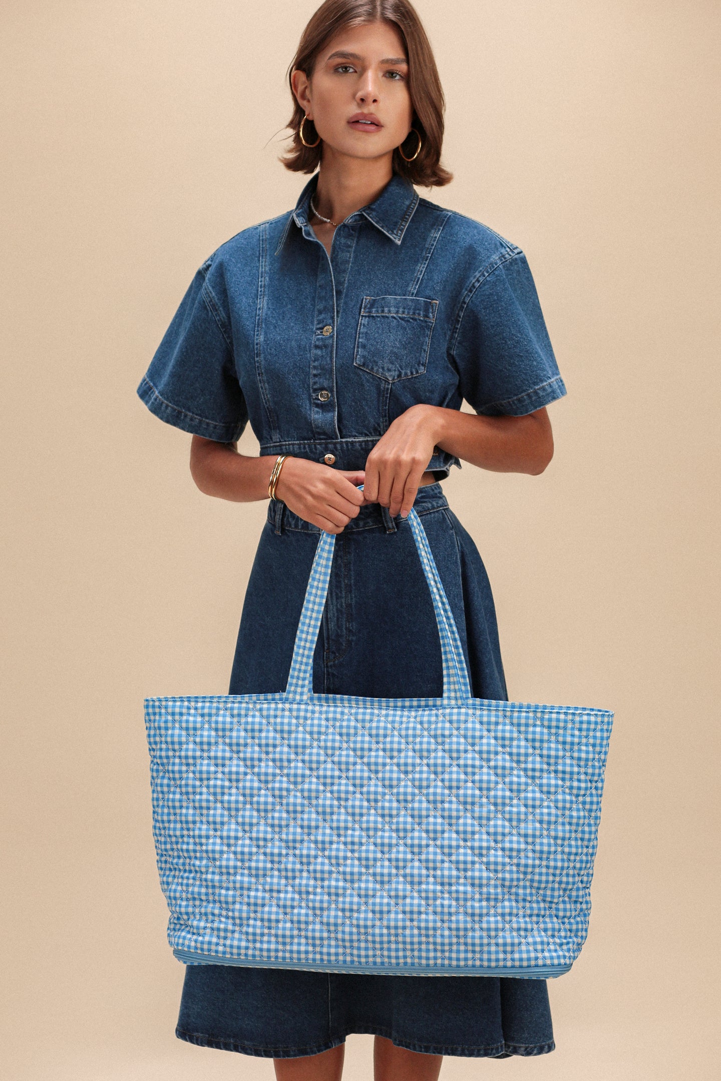 Quilted Expandable Tote – BLUE GINGHAM PRINT