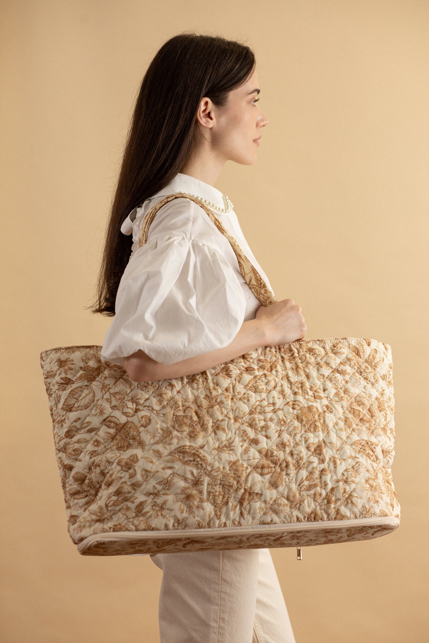 Quilted Expandable Tote – Toile Print