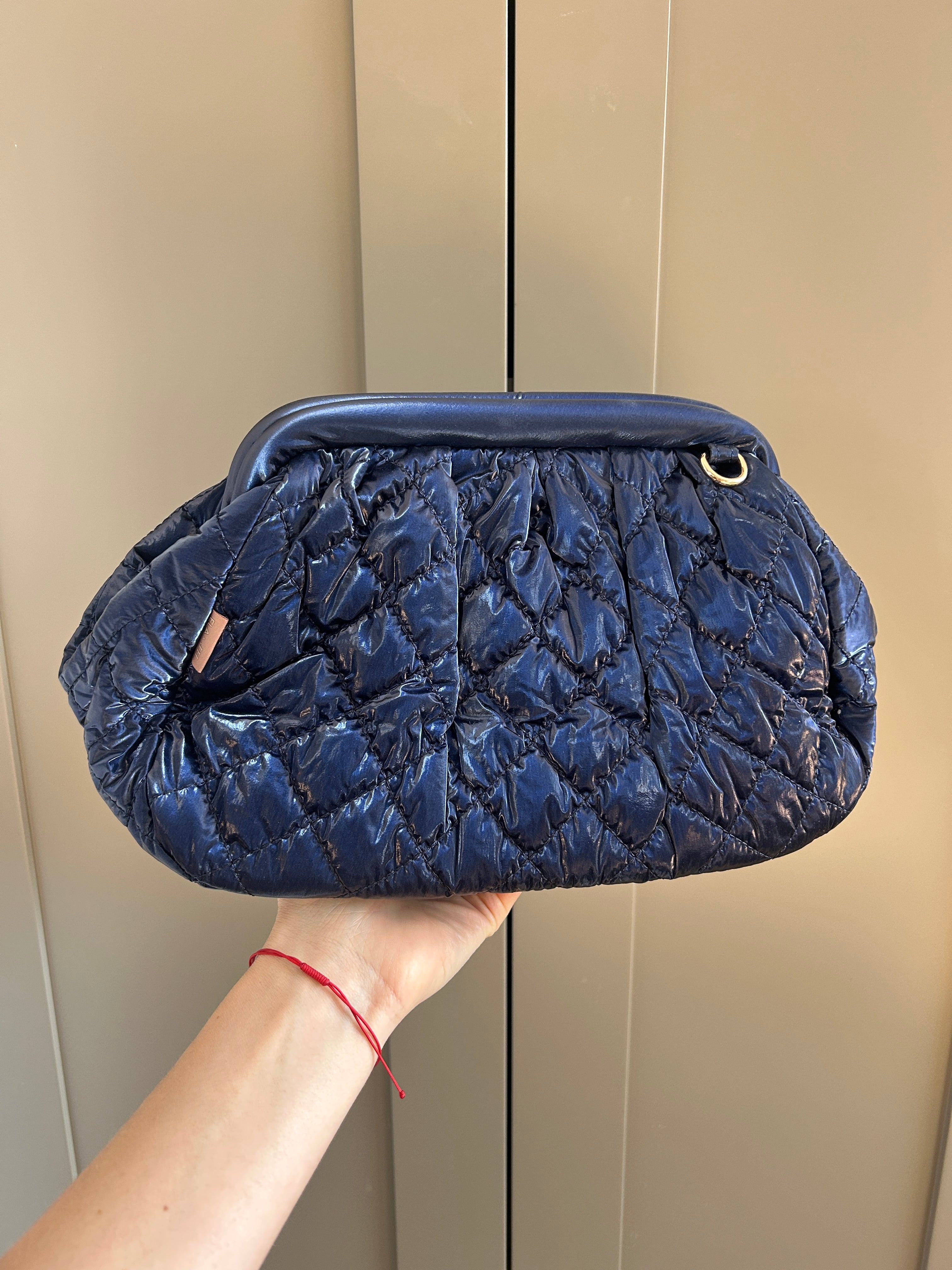 Shiny Quilted Frame Clutch with Chain - Navy (studio sample)