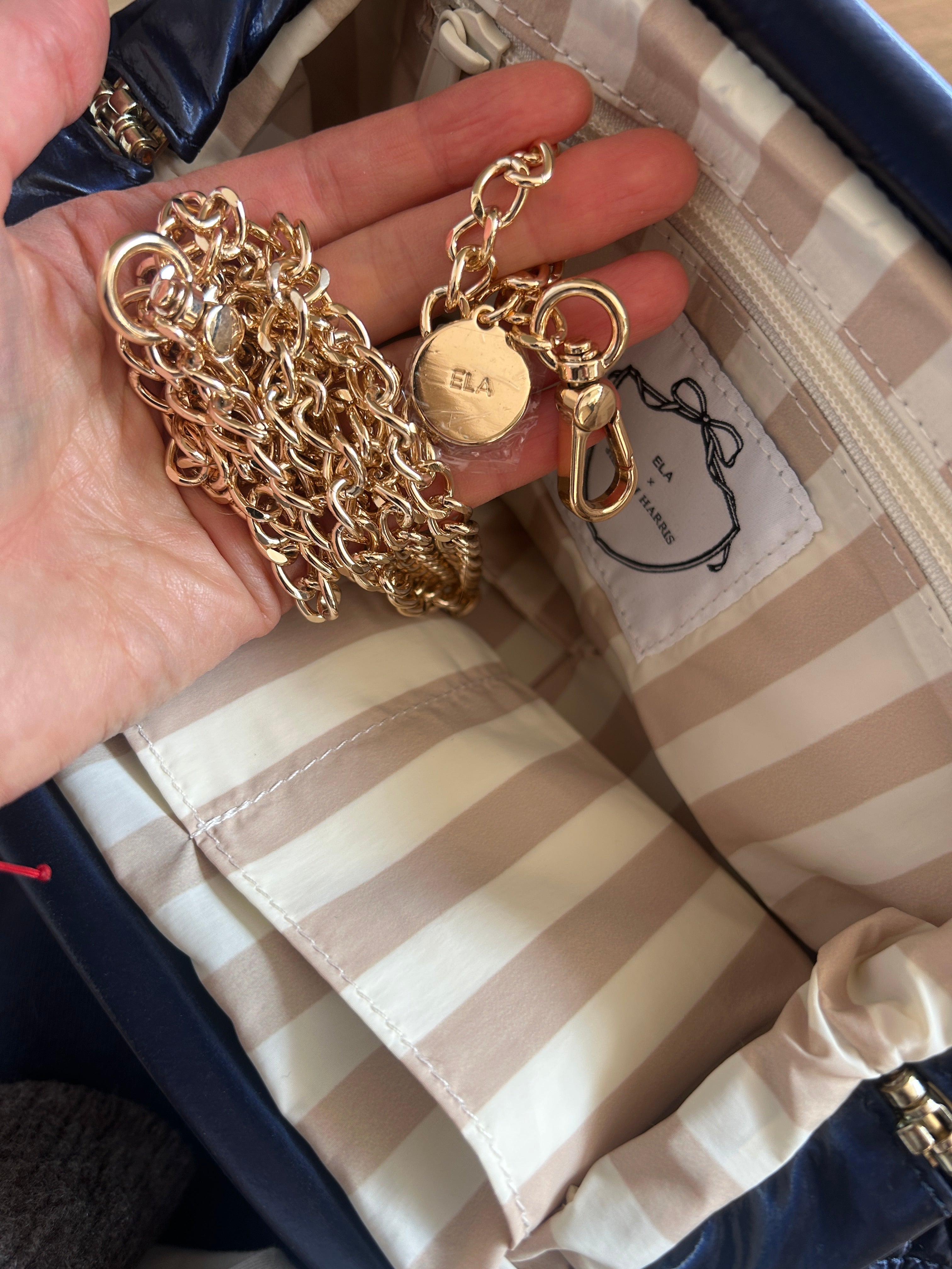 Shiny Quilted Frame Clutch with Chain - Navy (studio sample)