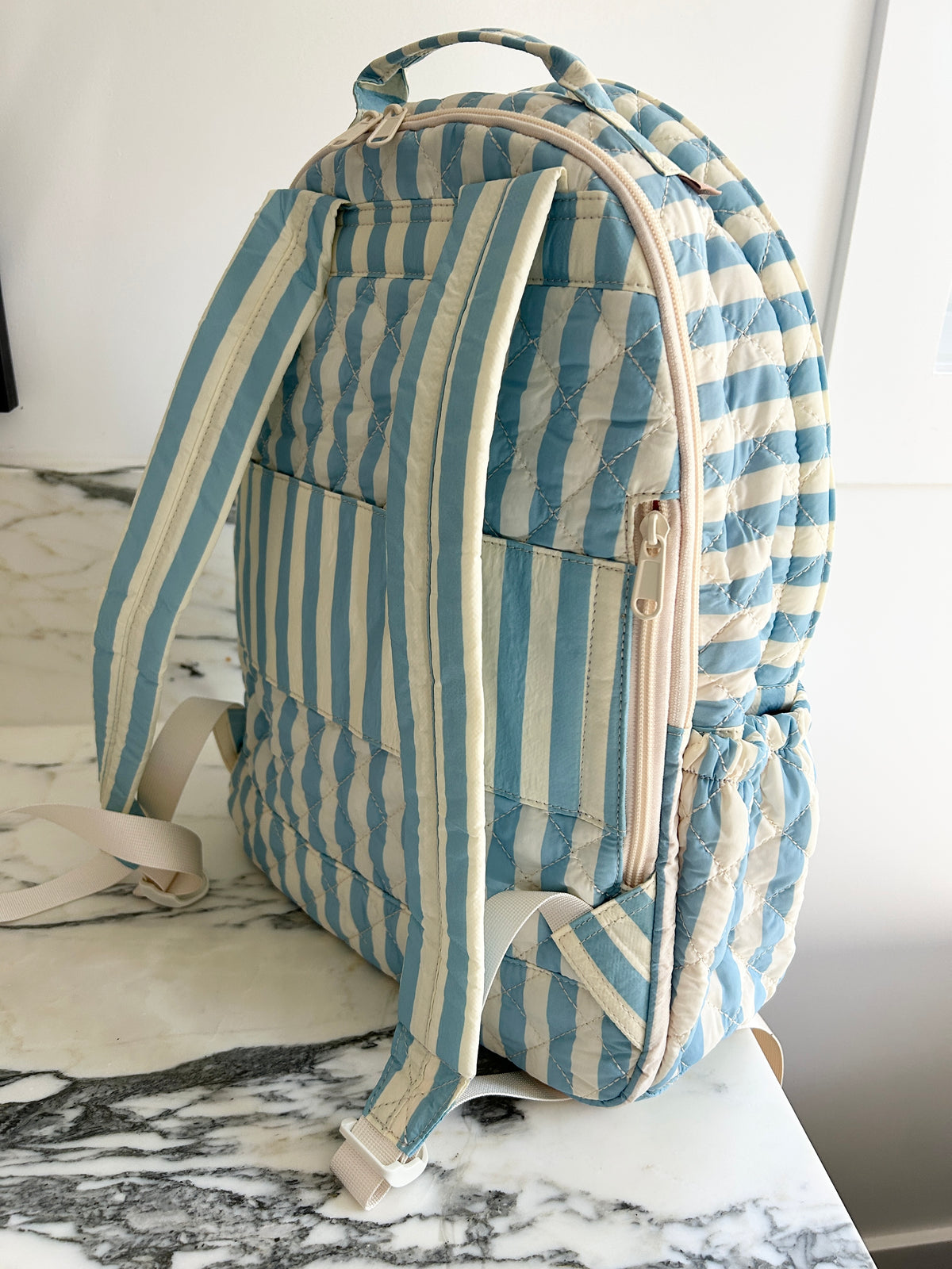 Quilted Backpack  –  Blue and Cream Stripe (Sample)