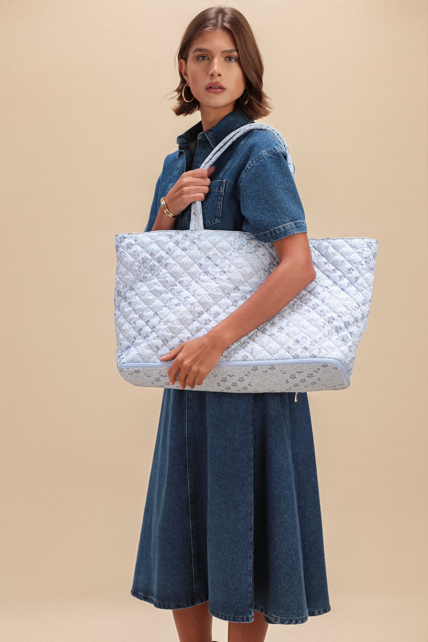 Quilted Expandable Tote - FLORAL PATCH PRINT