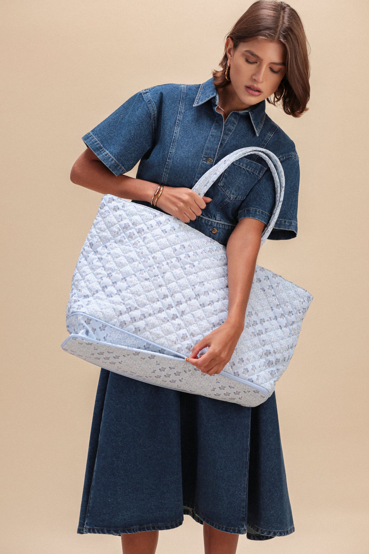 Quilted Expandable Tote - FLORAL PATCH PRINT