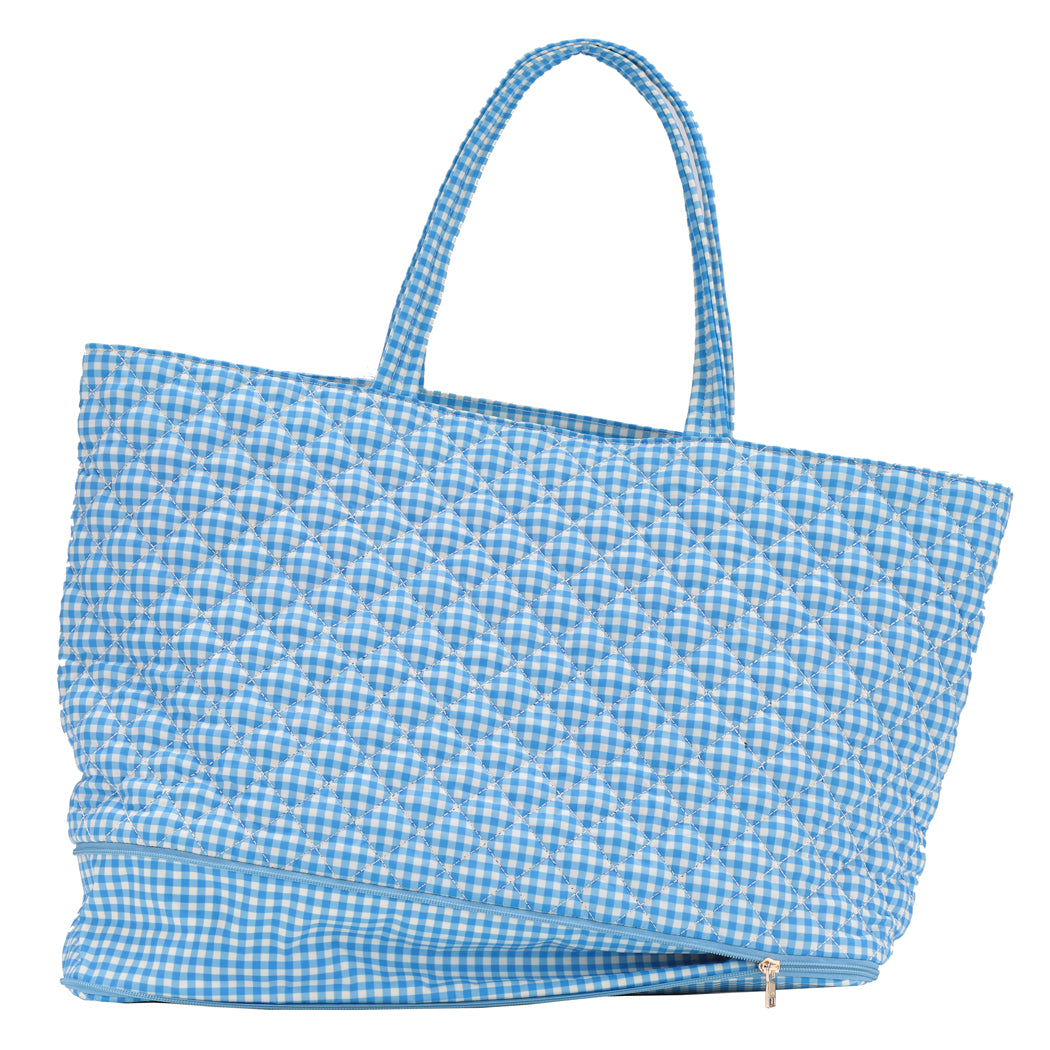 Quilted Expandable Tote – BLUE GINGHAM PRINT
