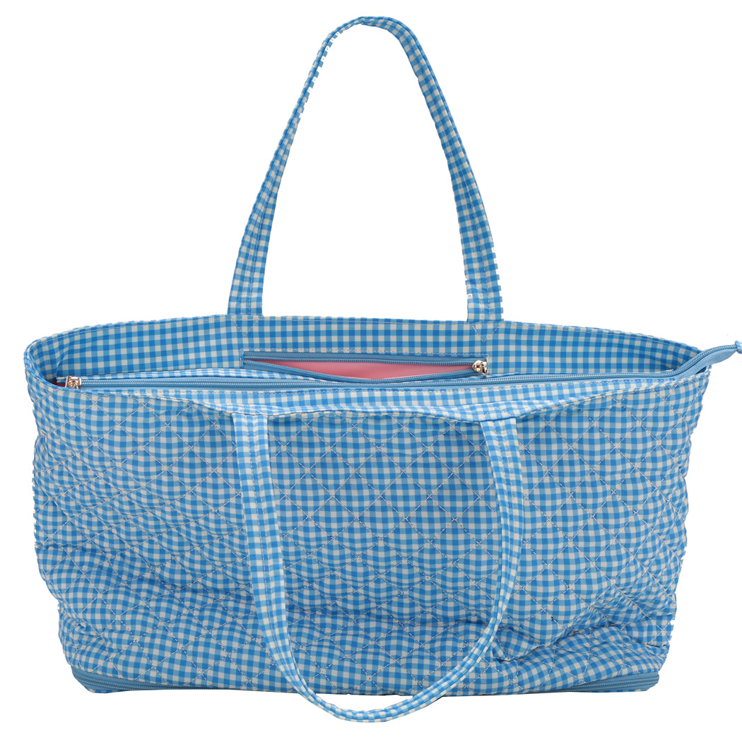 Quilted Expandable Tote – BLUE GINGHAM PRINT