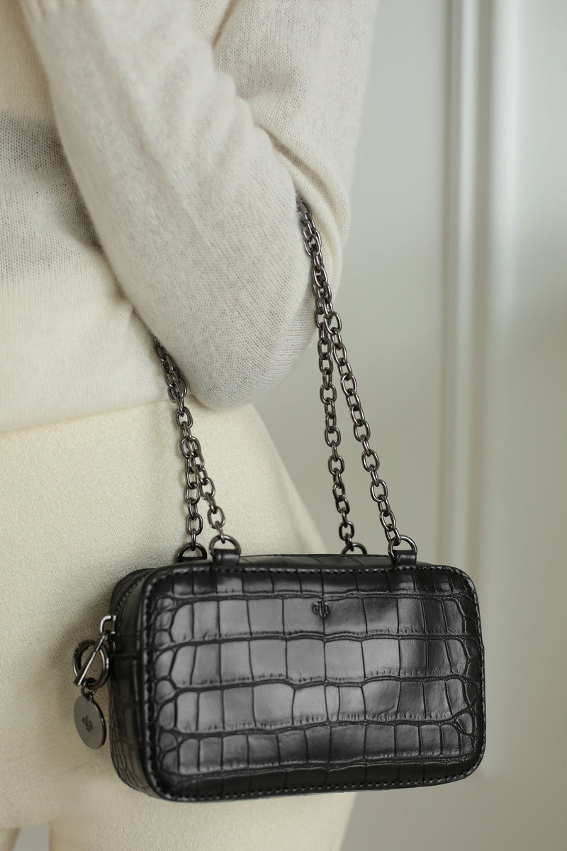 Micro Bag with Chain - Black Croc Effect